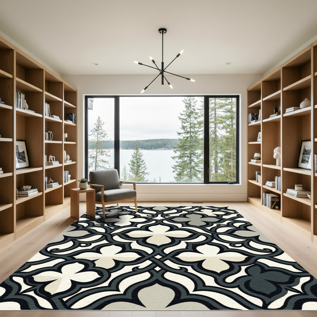 Elegant Charcoal and Cream Scalloped Quatrefoil Rug