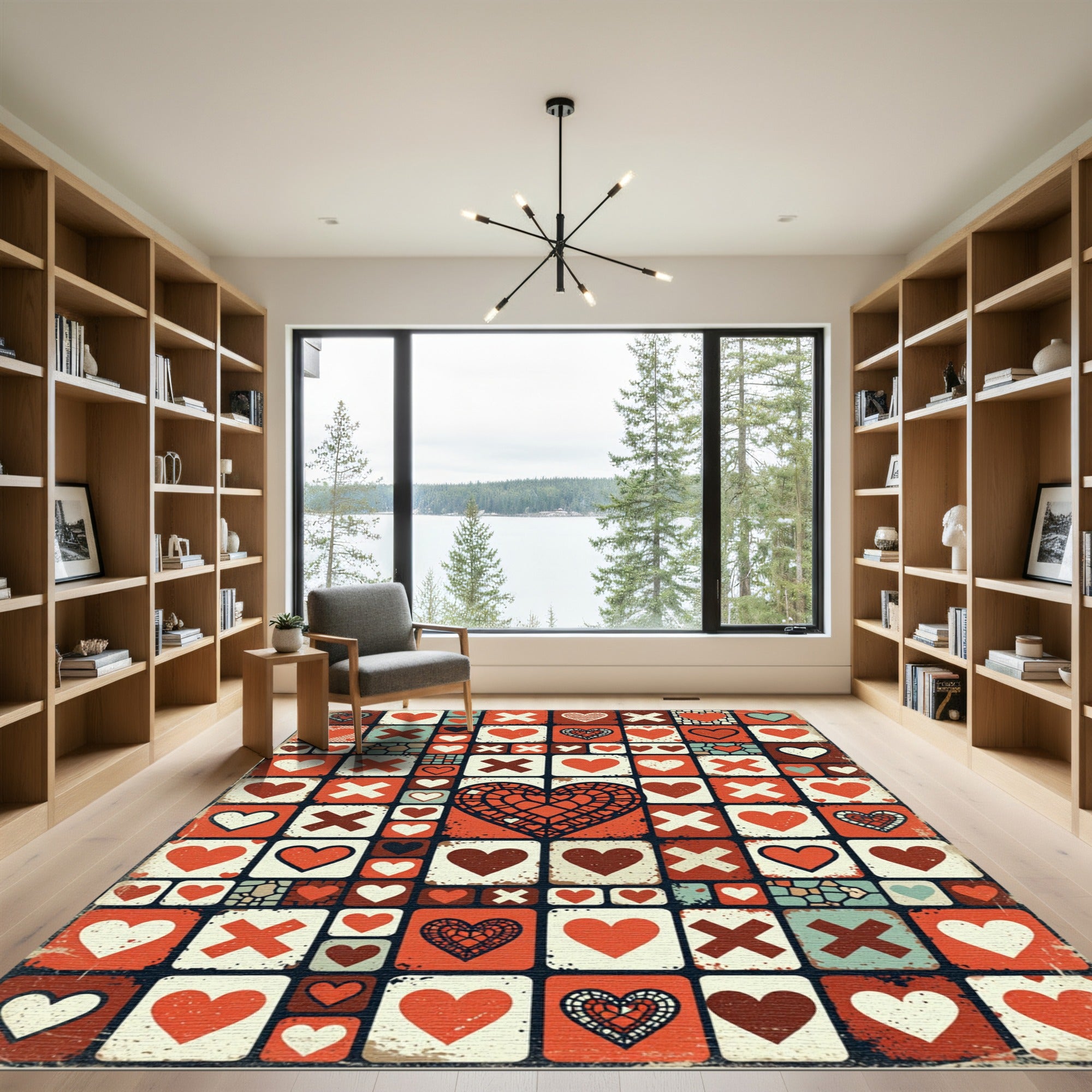 Retro Heart Grid Geometric Mosaic Rug