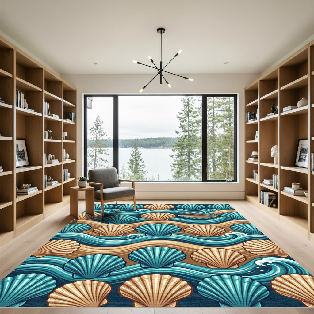 Turquoise Seashell Sandy Wave Pattern Rug