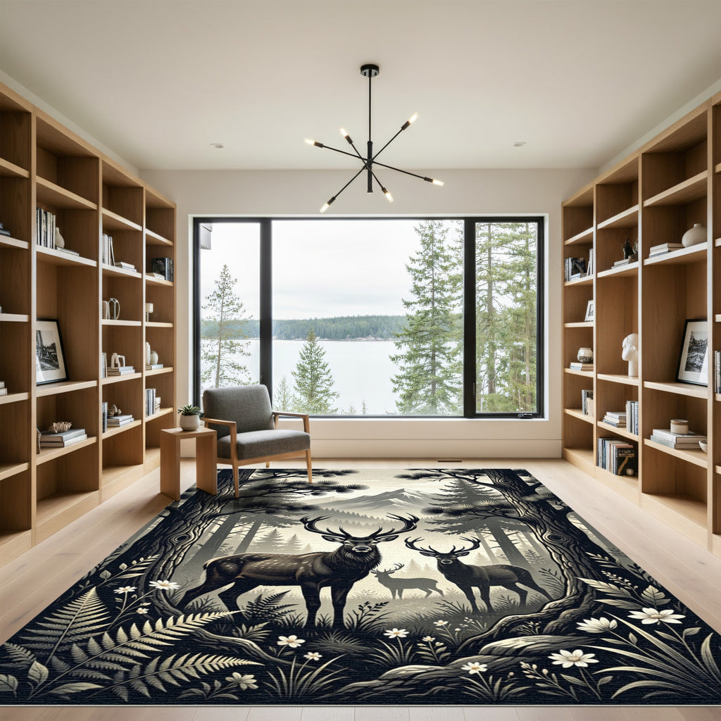Monochrome Mountain Forest Deer Landscape Rug