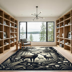 Monochrome Mountain Forest Deer Landscape Rug