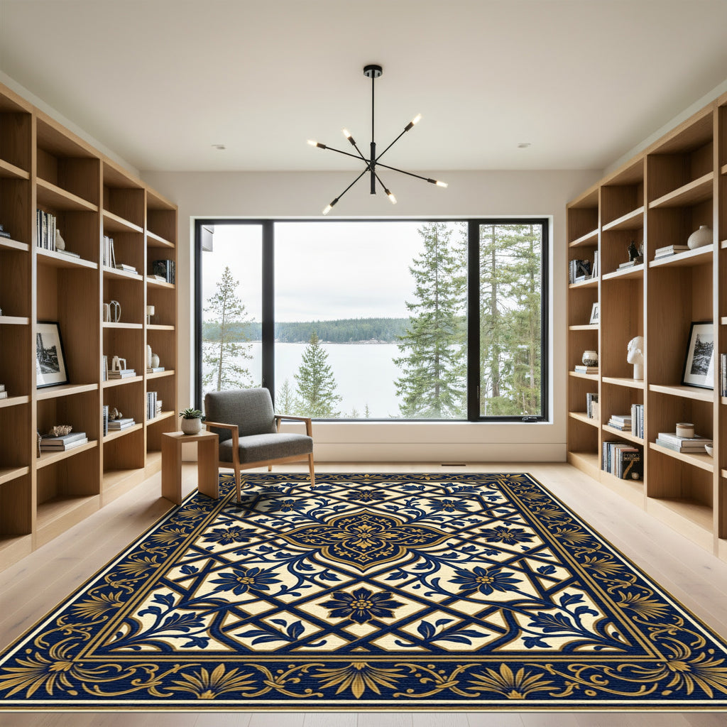 Elegant Navy Gold Floral Lattice Rug