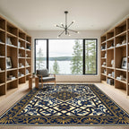 Elegant Navy Gold Floral Lattice Rug
