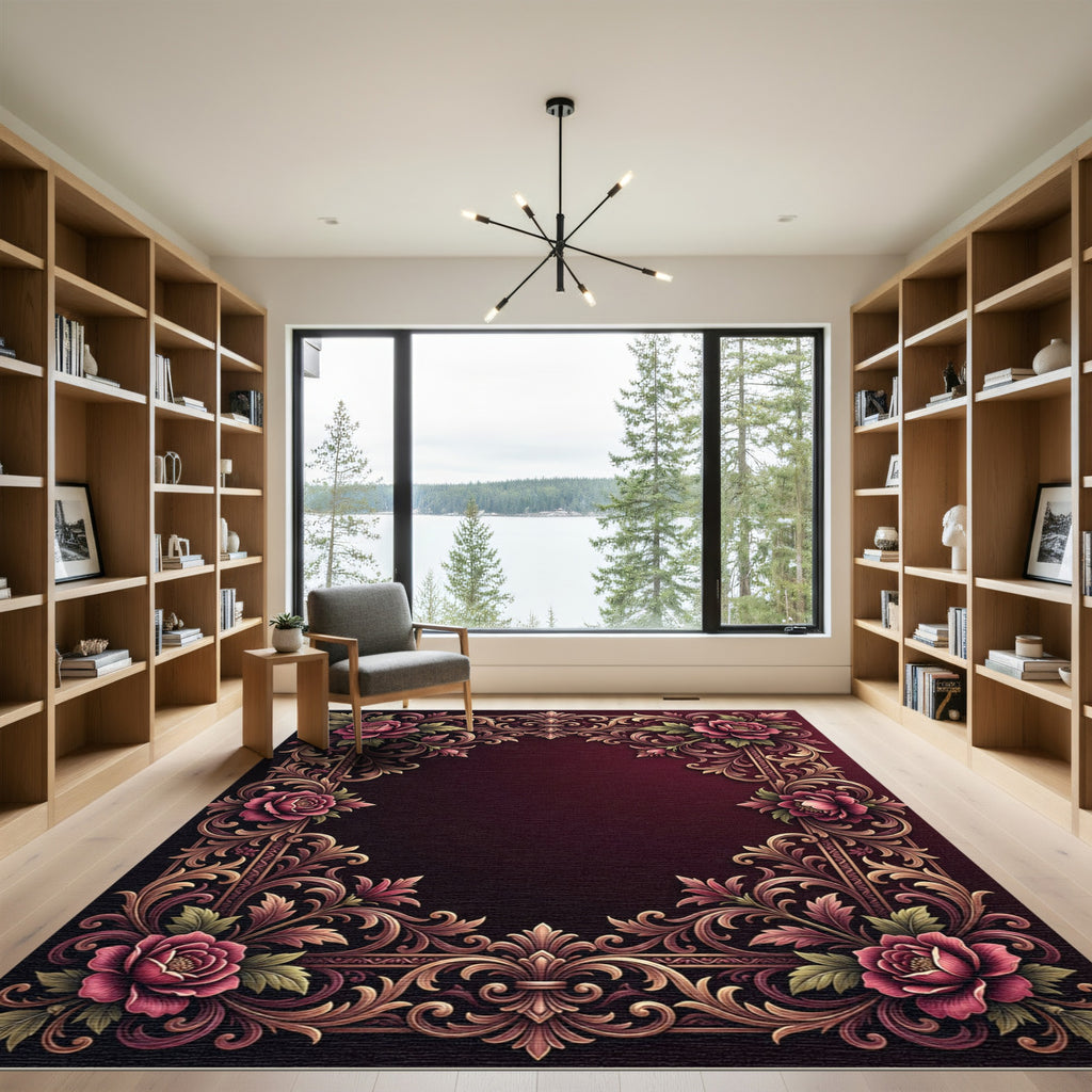 Ornate Crimson Rose Scrollwork Border Rug