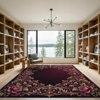 Ornate Crimson Rose Scrollwork Border Rug