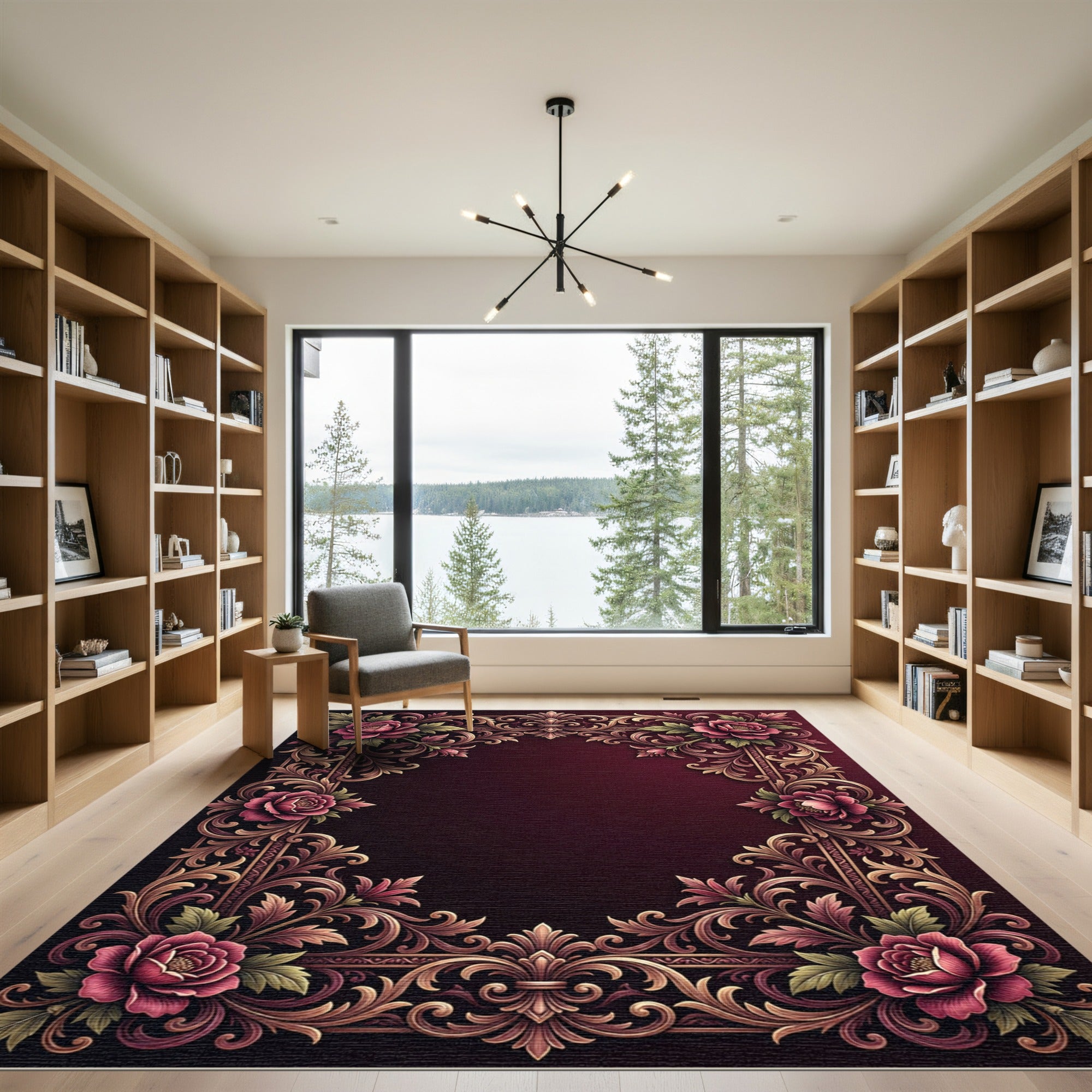 Ornate Crimson Rose Scrollwork Border Rug