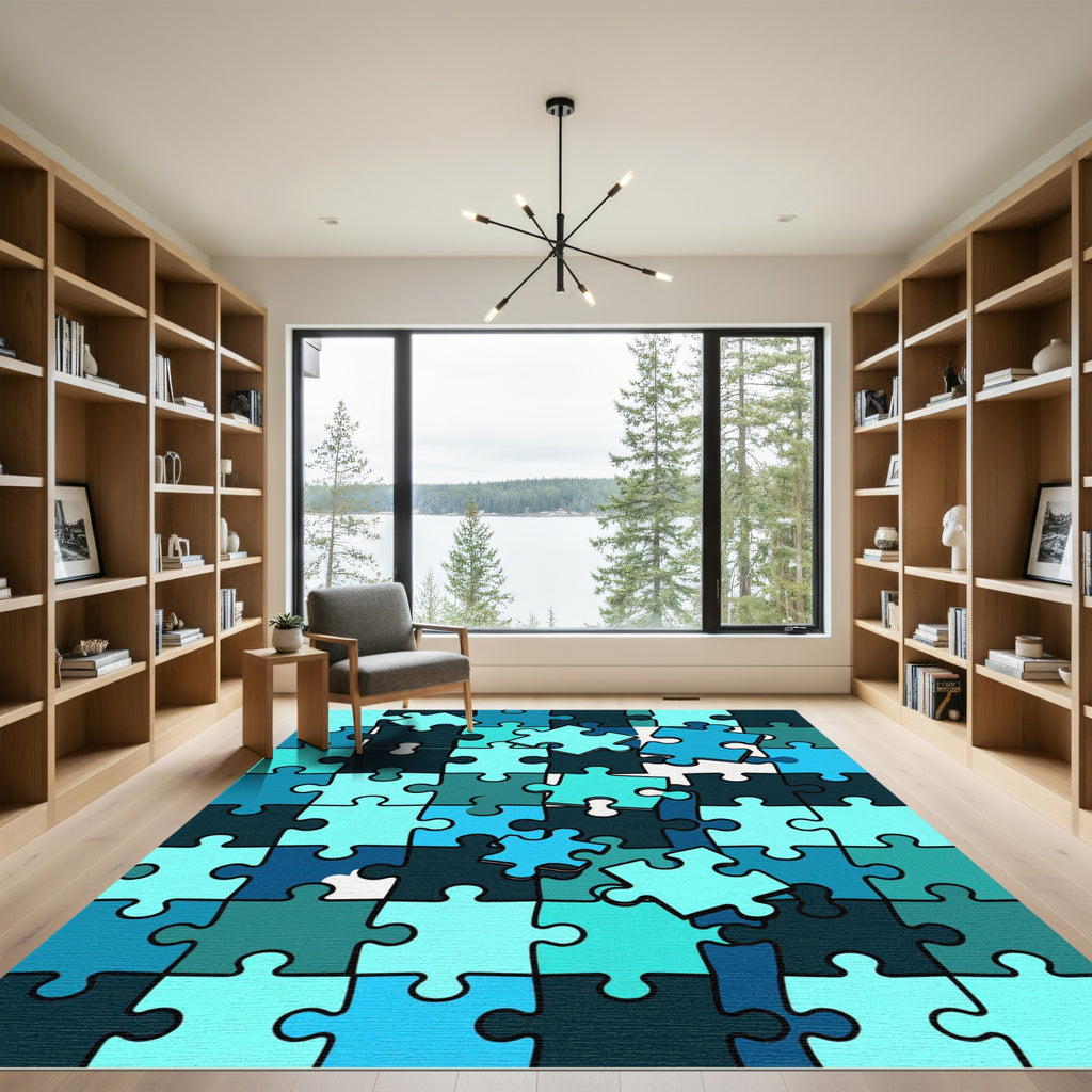 Modern Teal Blue Interlocking Jigsaw Abstract Rug