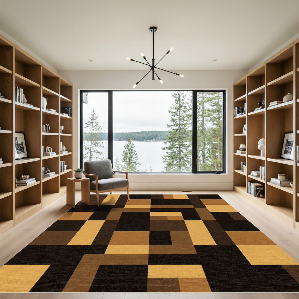 Geometric Ochre and Raven Block Rug