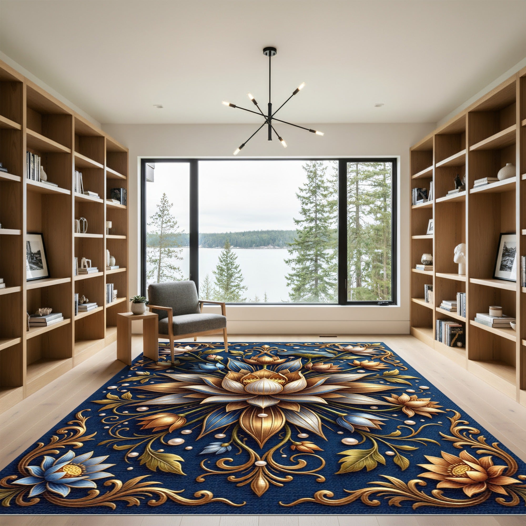 Golden Lotus Floral Navy Luxury Rug