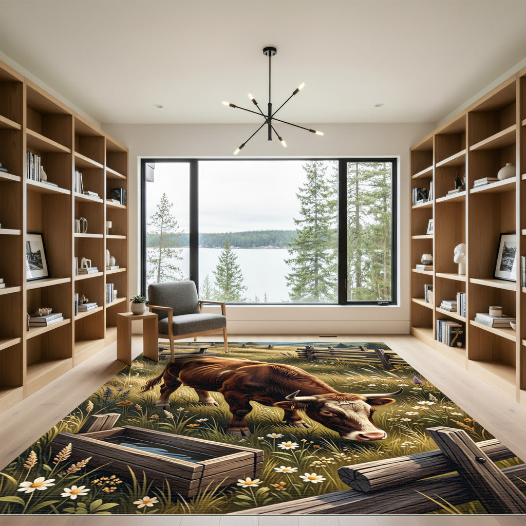 Rustic Highland Cattle Meadow Landscape Rug
