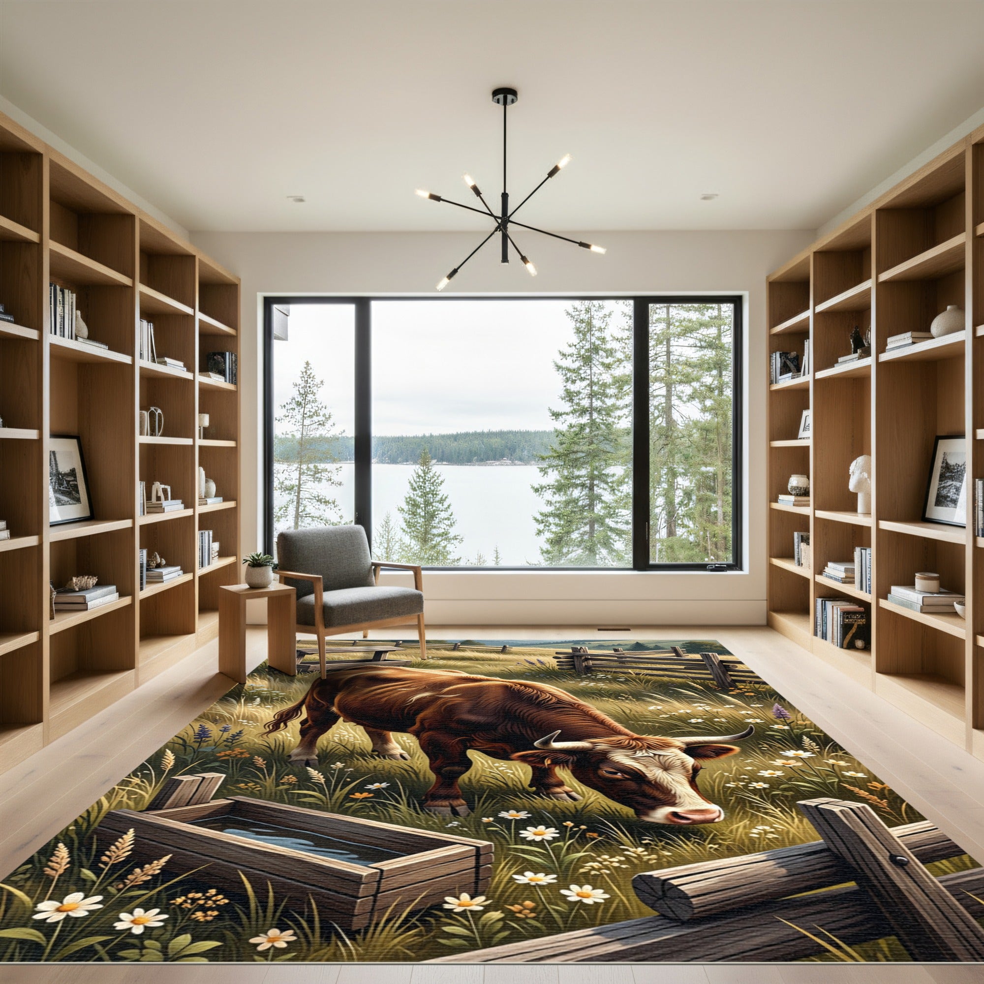 Rustic Highland Cattle Meadow Landscape Rug