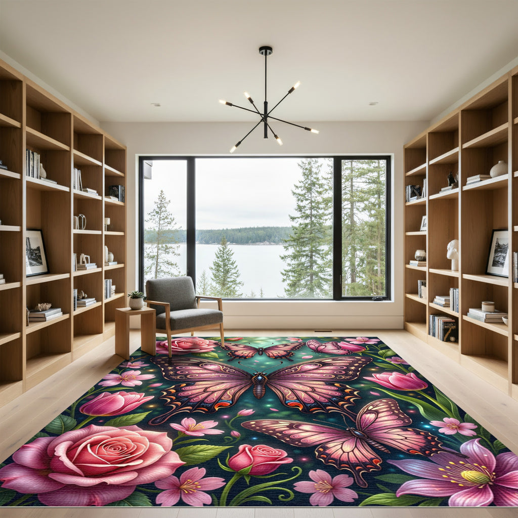Pink Floral Butterfly Garden Whimsy Rug