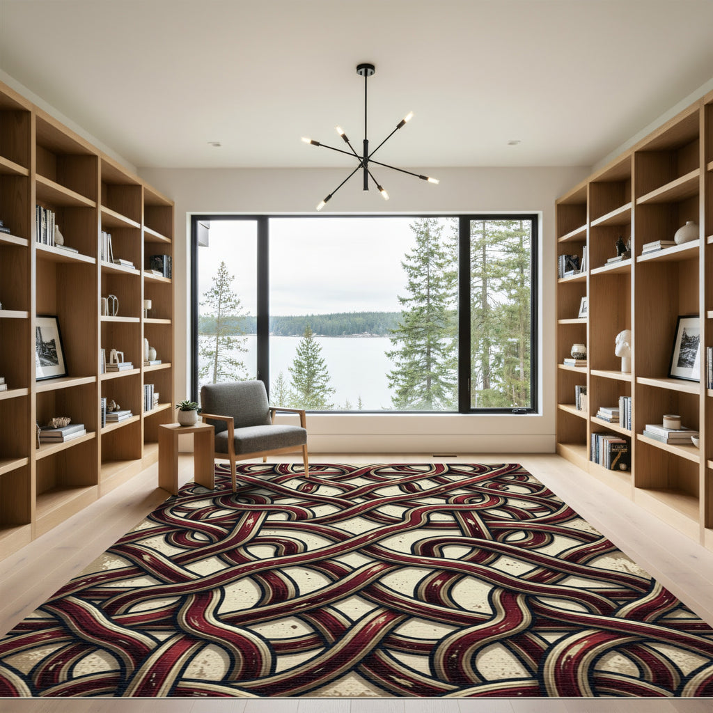 Interlocking Crimson Woven Abstract Knot Rug