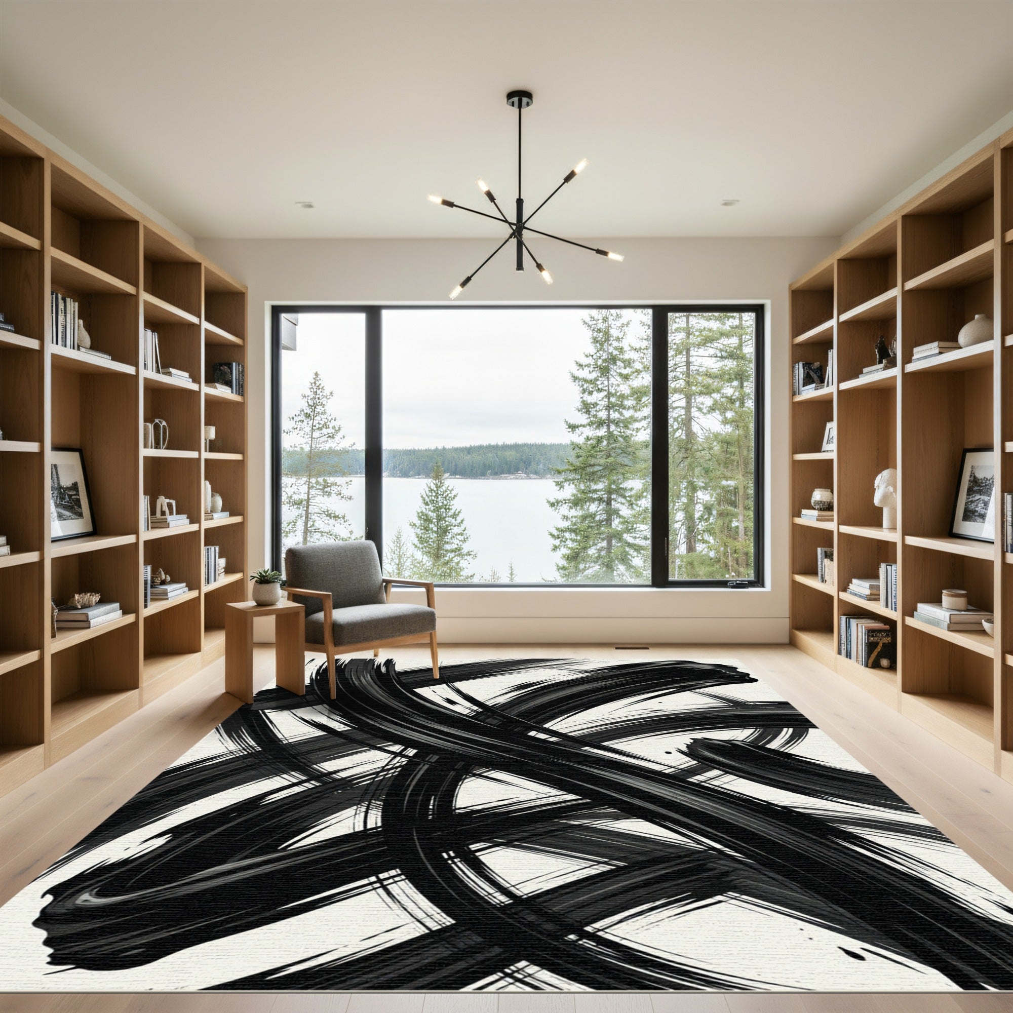 Bold Monochrome Abstract Black Brushstroke Rug