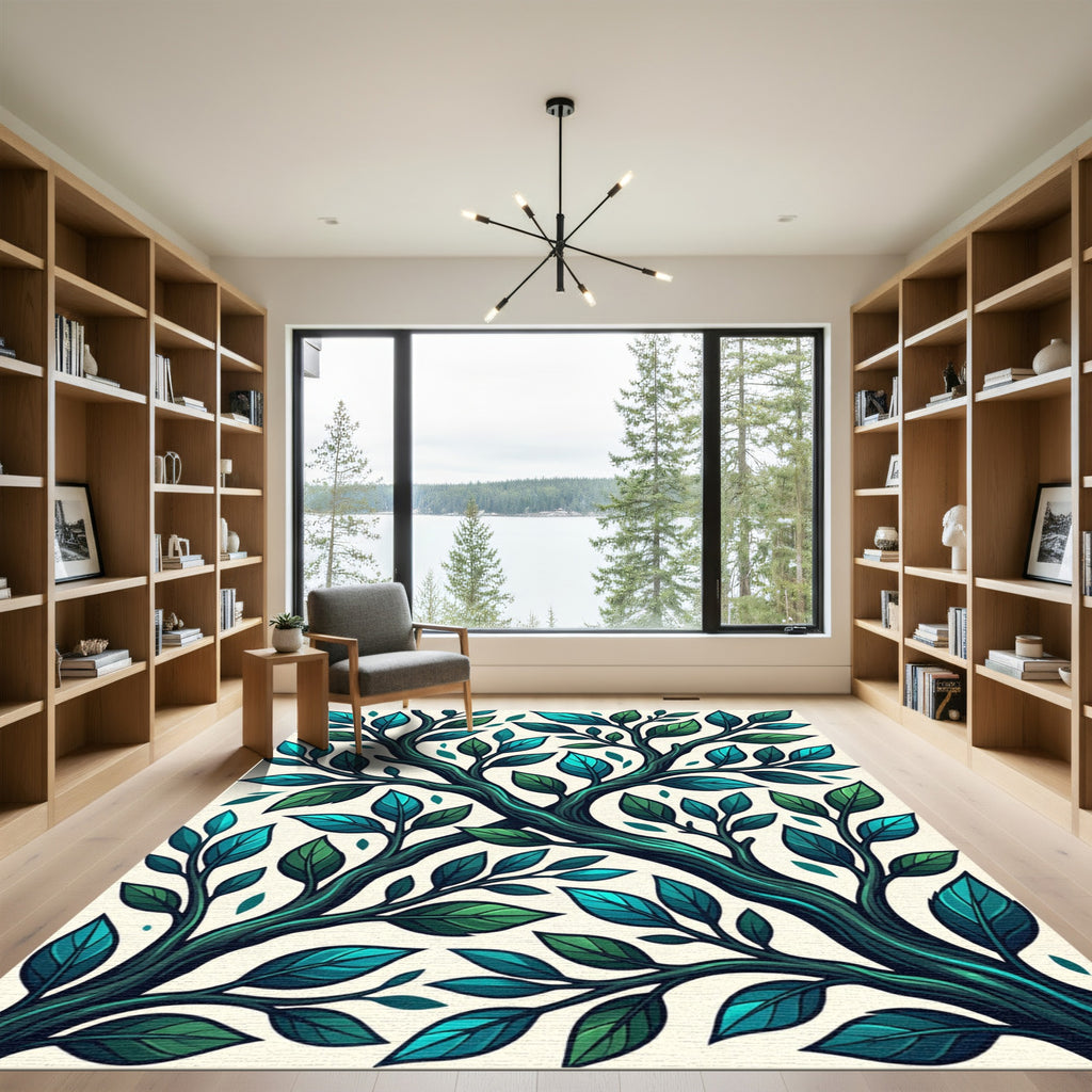 Whimsical Teal Green Branch Foliage Rug