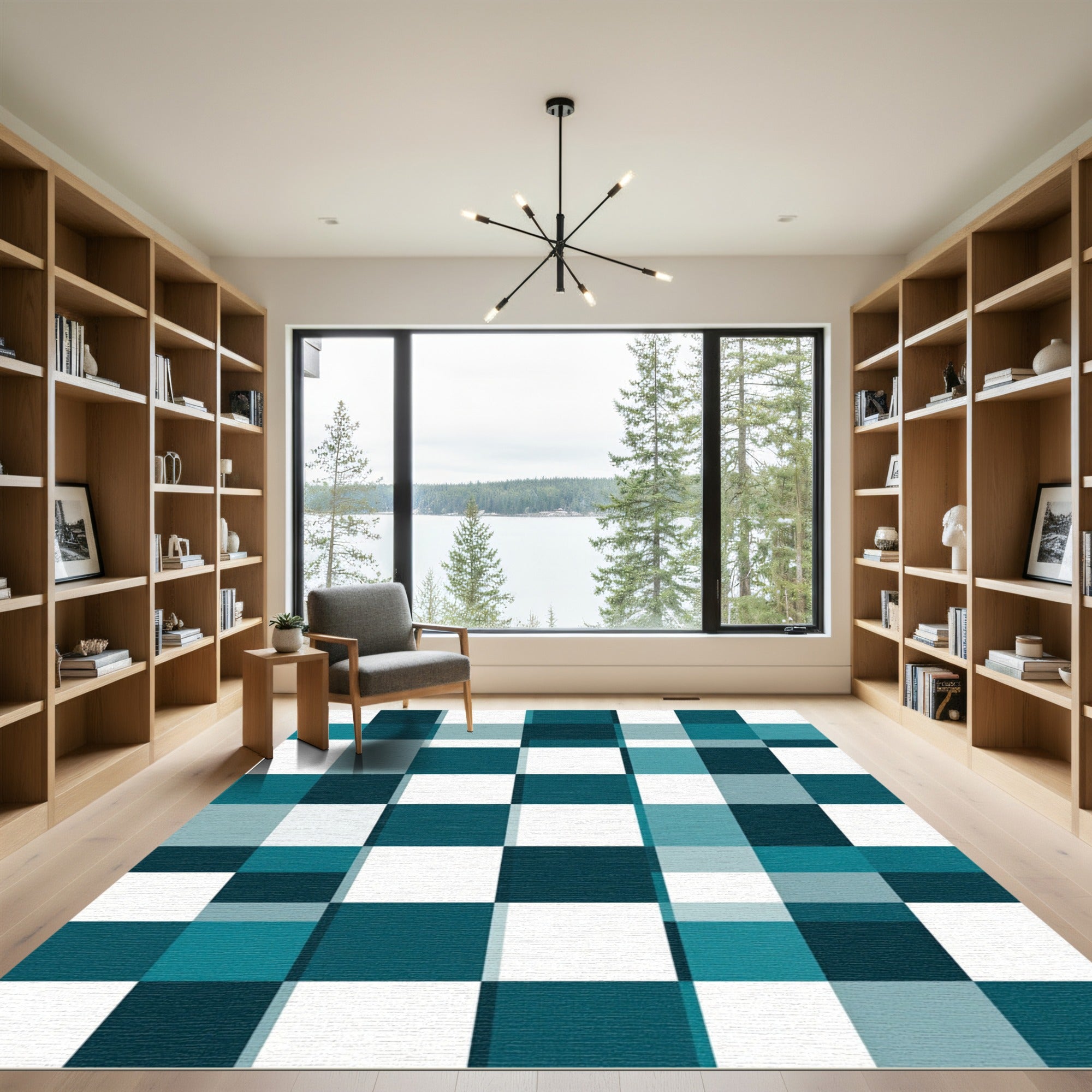 Modern Teal Grid Geometric Squares Rug