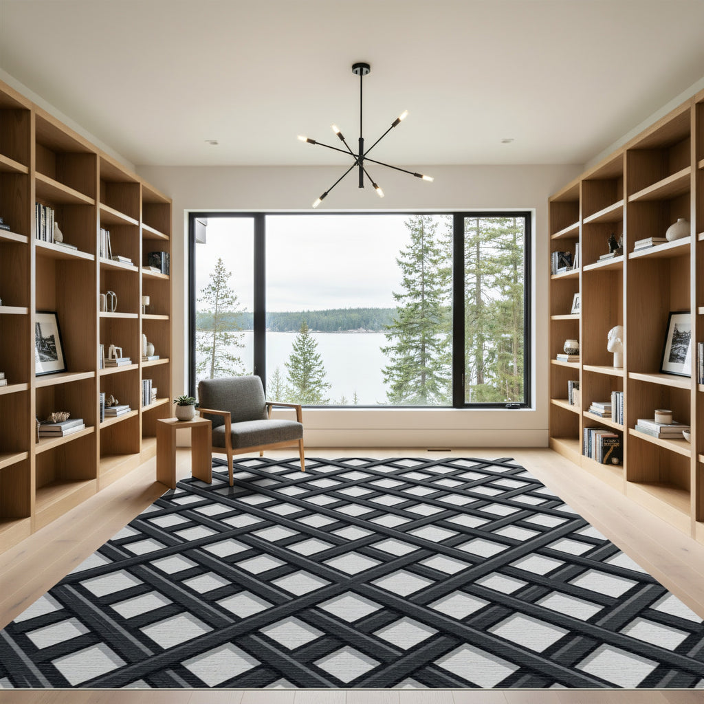 Modern Charcoal Black Geometric Lattice Rug