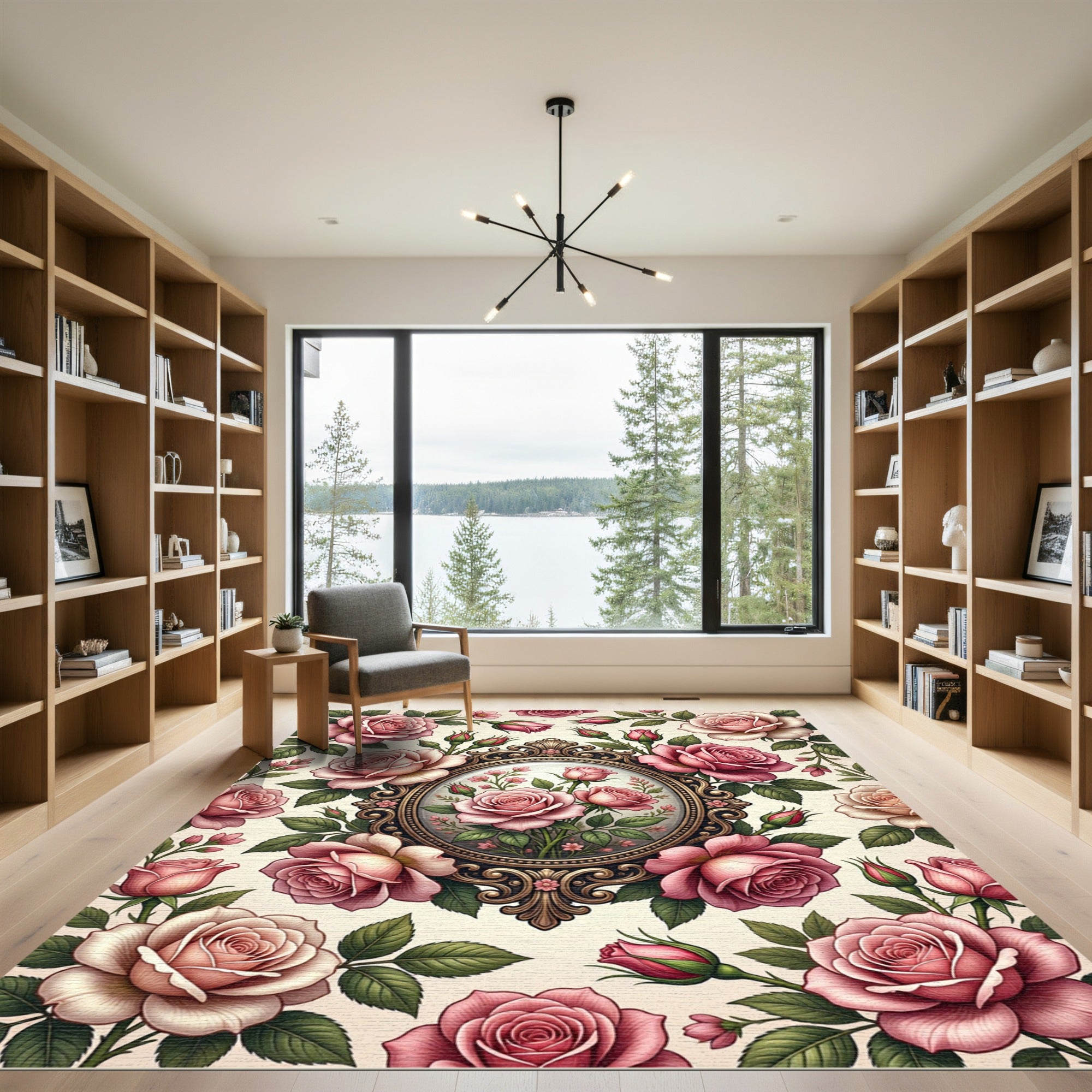 Romantic Pink Rose Filigree Frame Rug