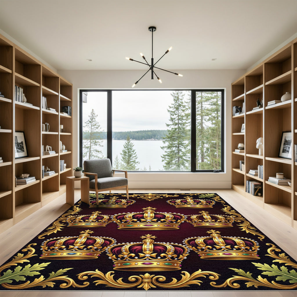 Regal Gold Jeweled Crown Motif Rug
