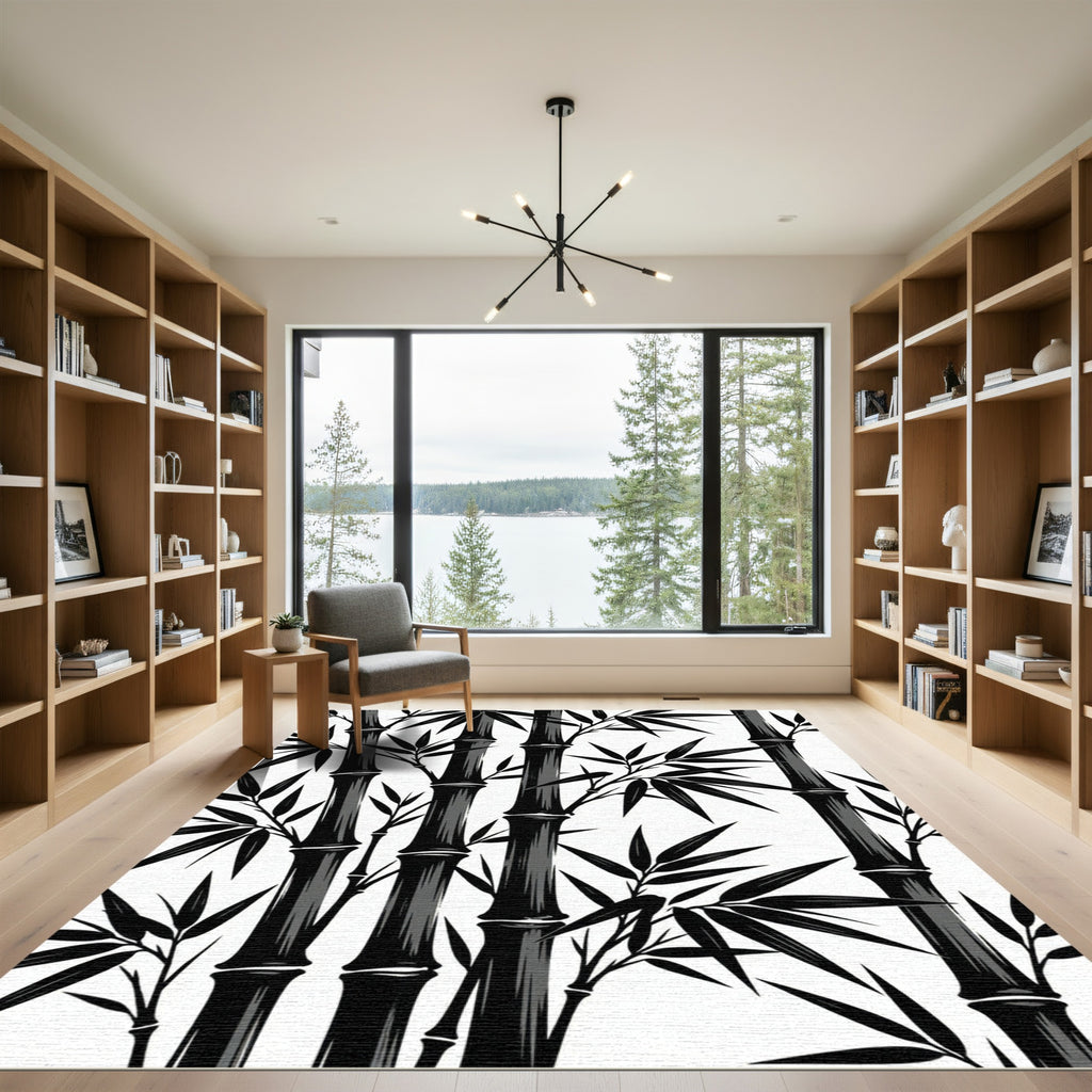 Monochromatic Black Bamboo Stalks Rug
