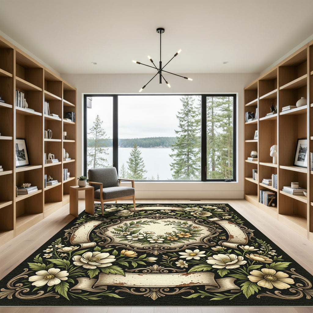 Elegant Vintage Cream Floral Scroll Frame Rug