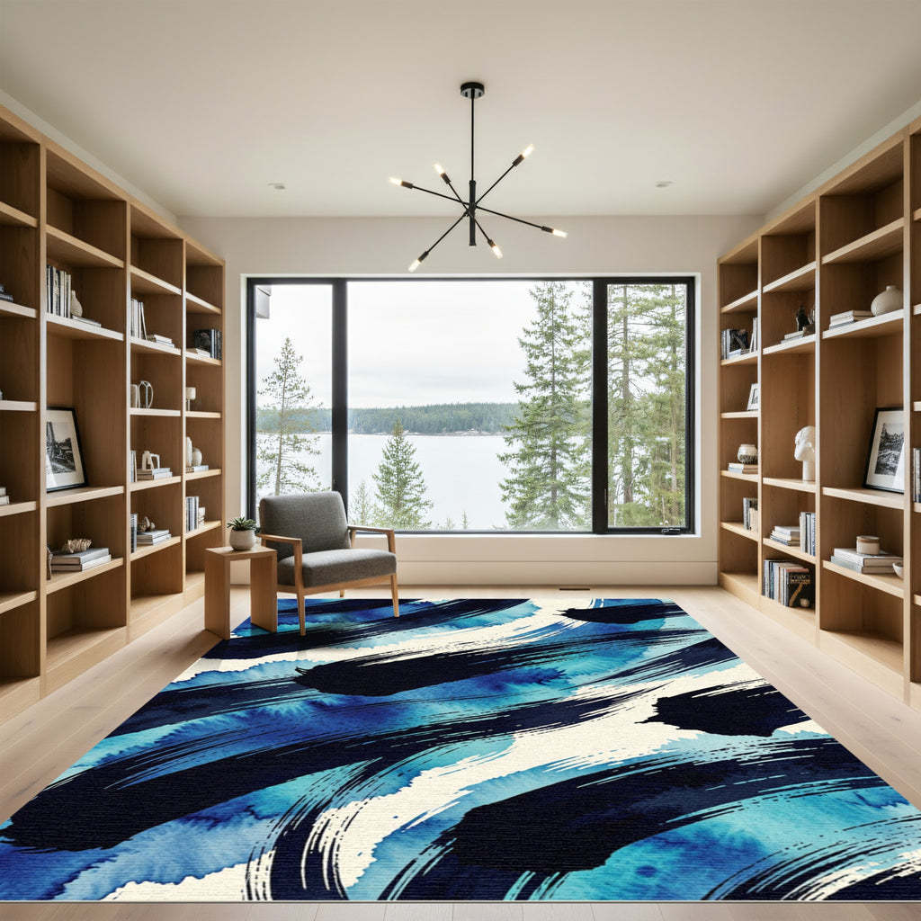 Abstract Navy Blue Watercolor Brushstroke Sweep Rug