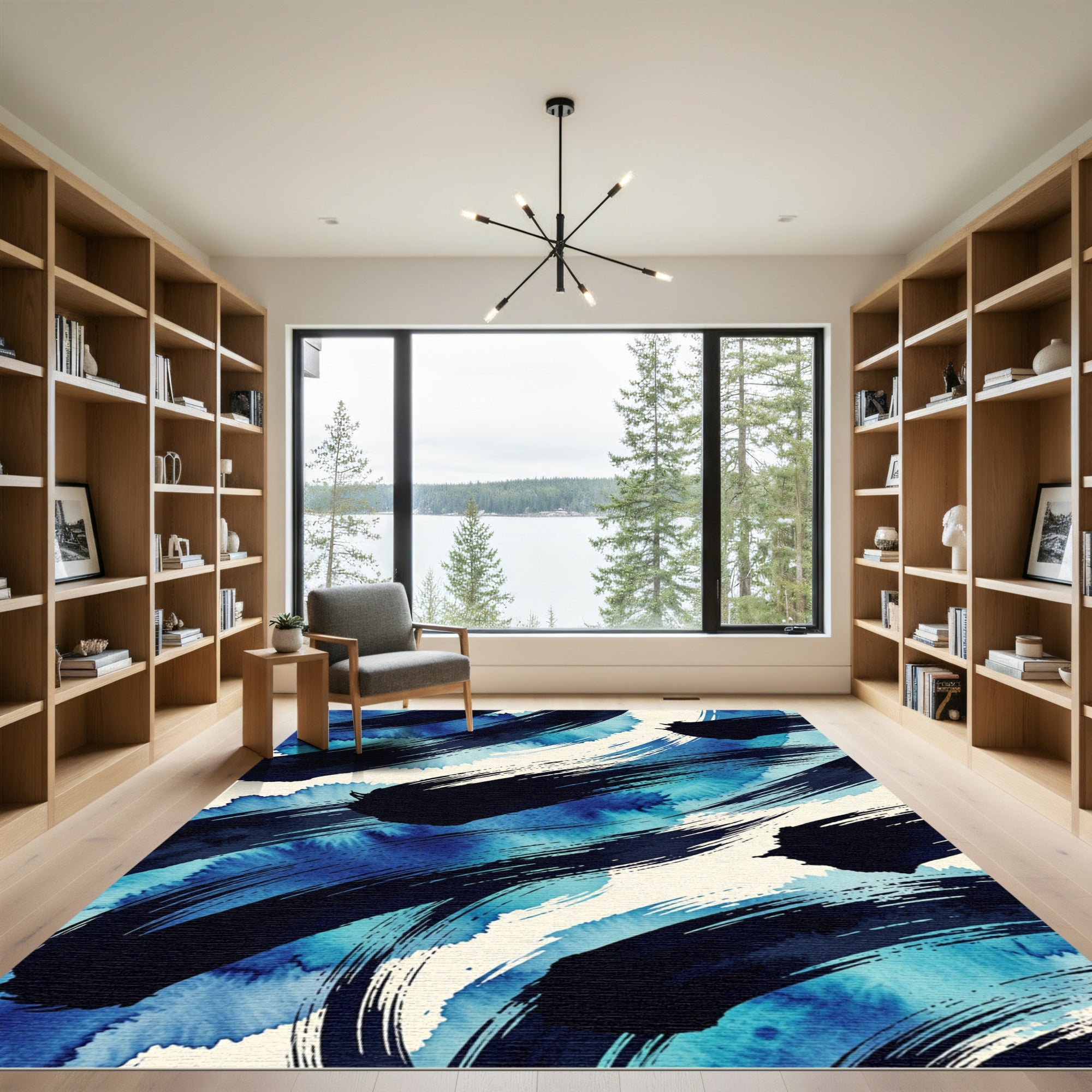Abstract Navy Blue Watercolor Brushstroke Sweep Rug