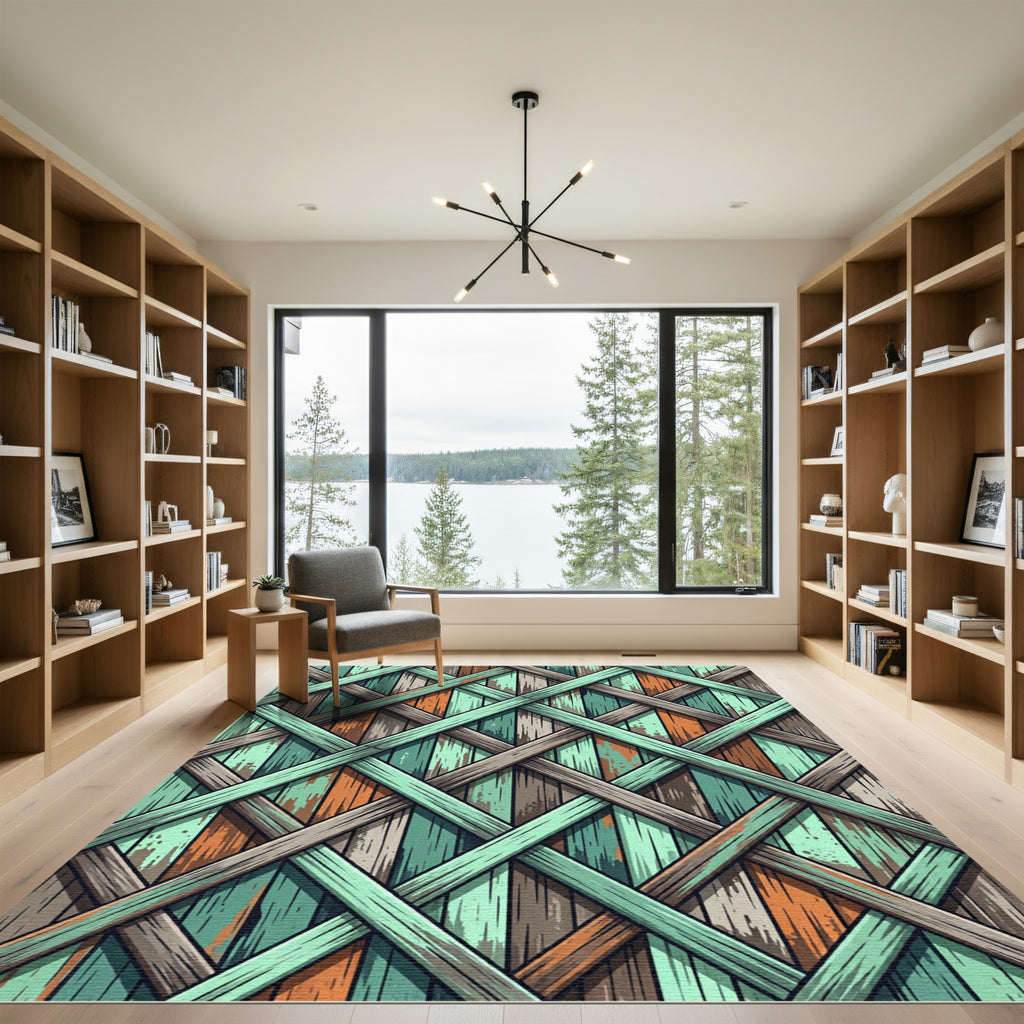 Distressed Teal and Orange Lattice Weave Rug