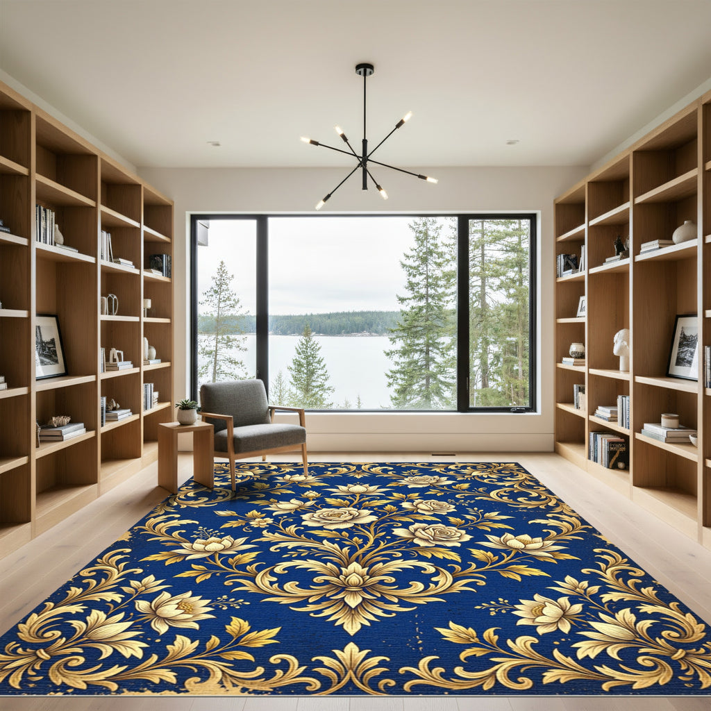 Royal Blue Gold Rose Damask Rug