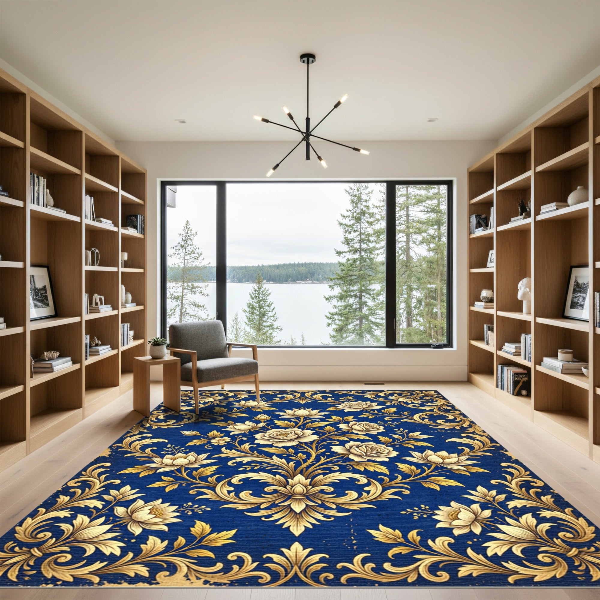 Royal Blue Gold Rose Damask Rug