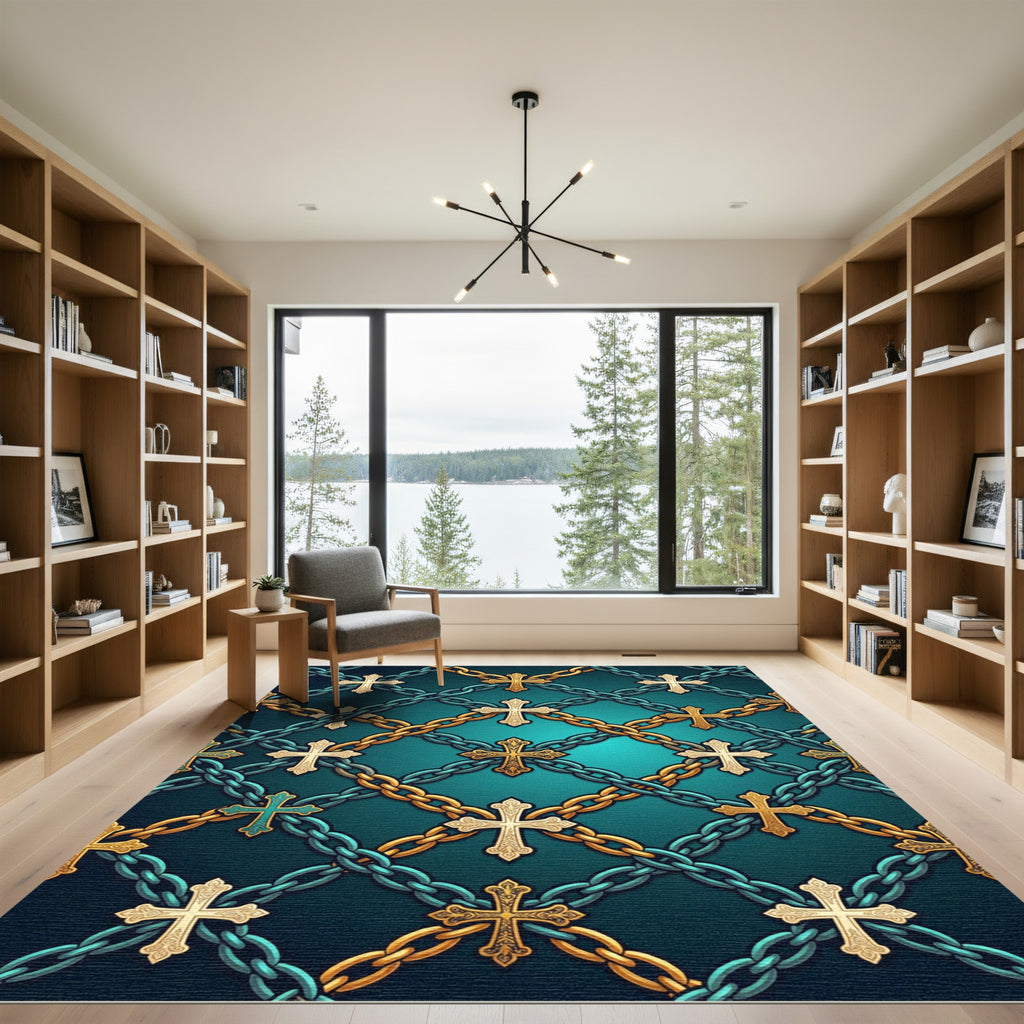 Gothic Gold Crosses and Teal Chainwork Rug