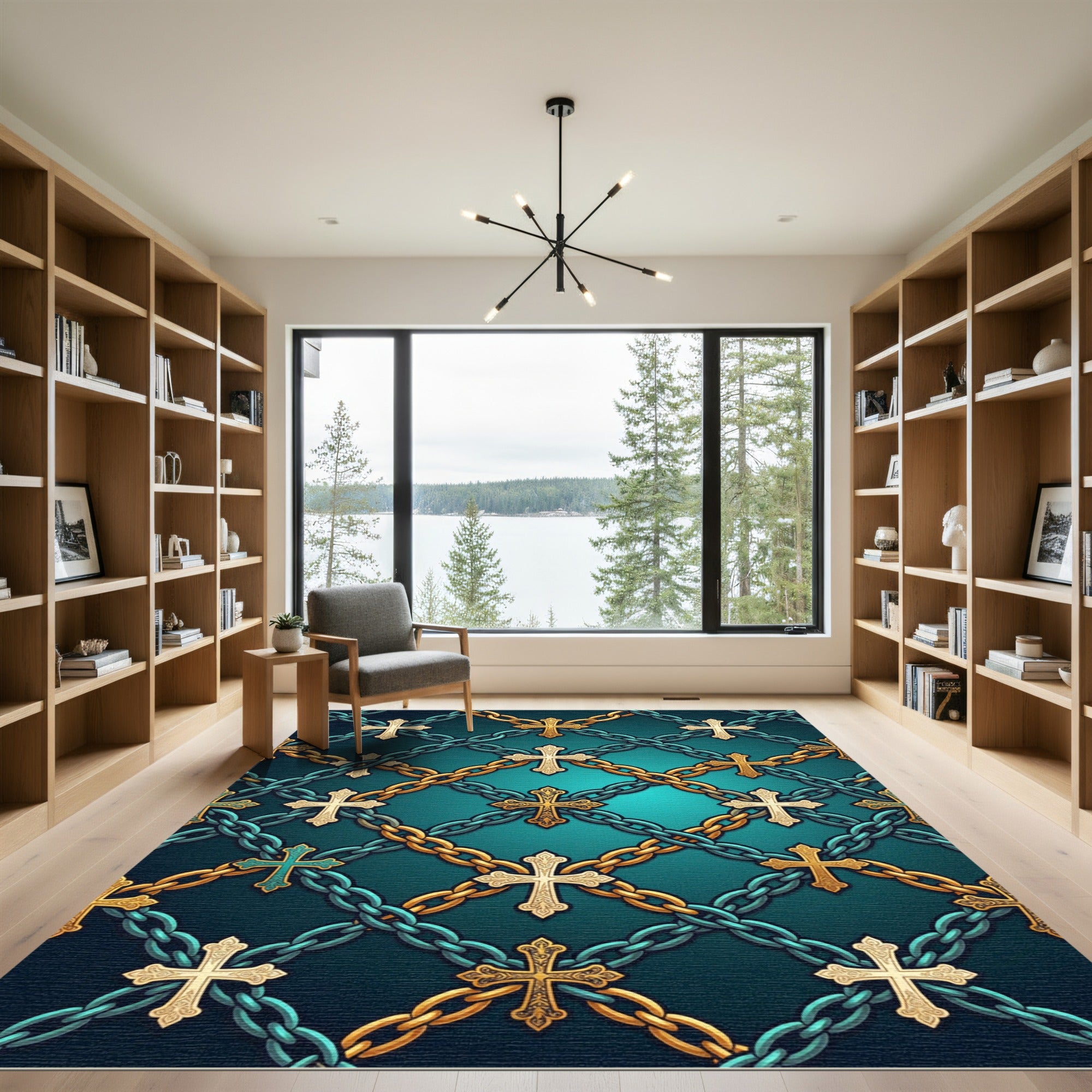 Gothic Gold Crosses and Teal Chainwork Rug