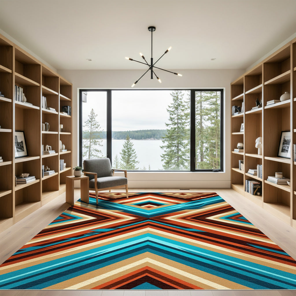 Geometric Teal and Terracotta Chevron Rug
