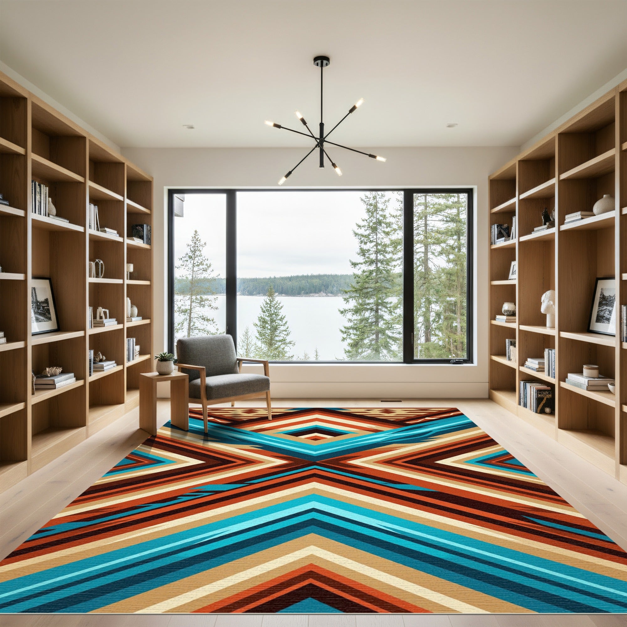 Geometric Teal and Terracotta Chevron Rug