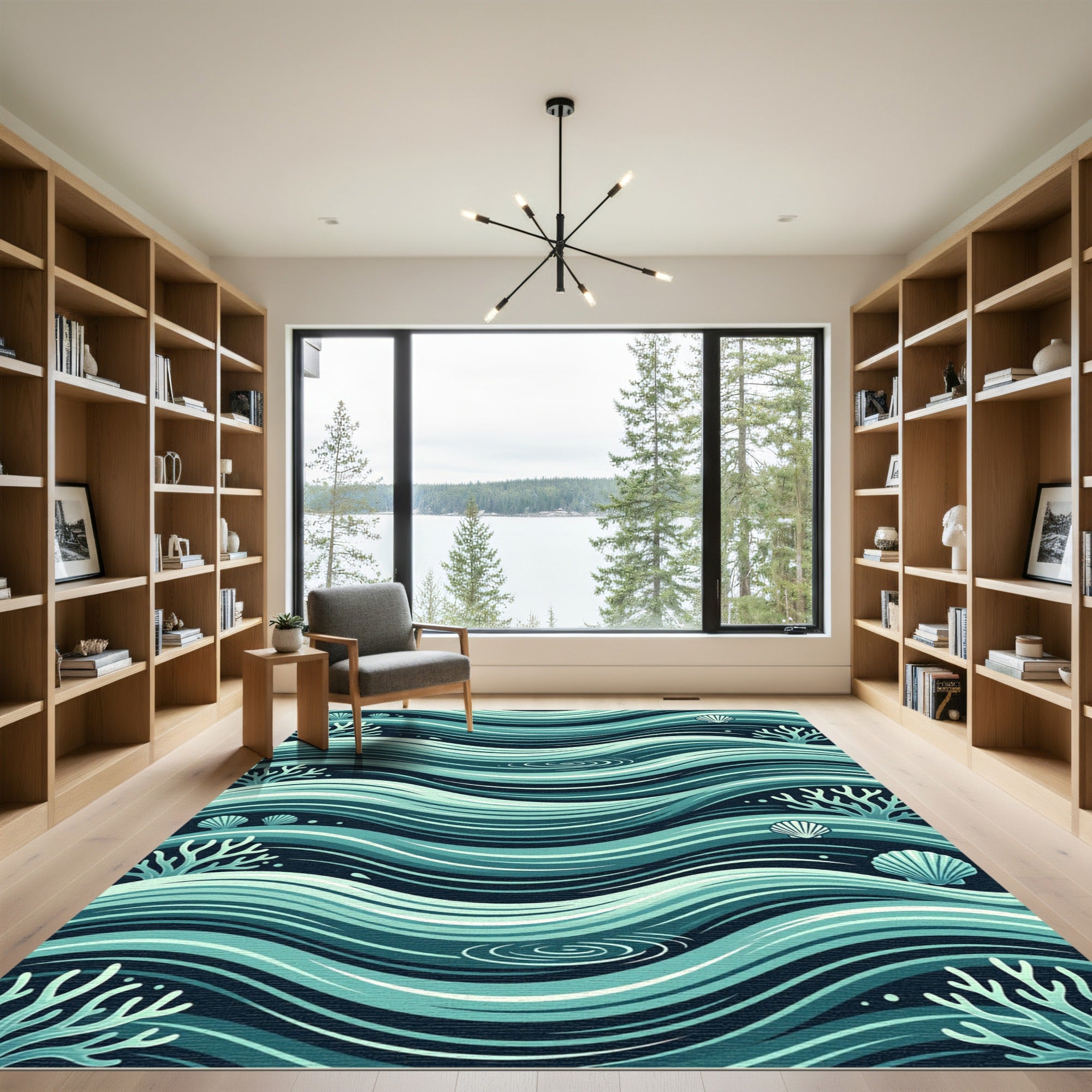 Oceanic Teal Swirl Coral Shell Waves Rug