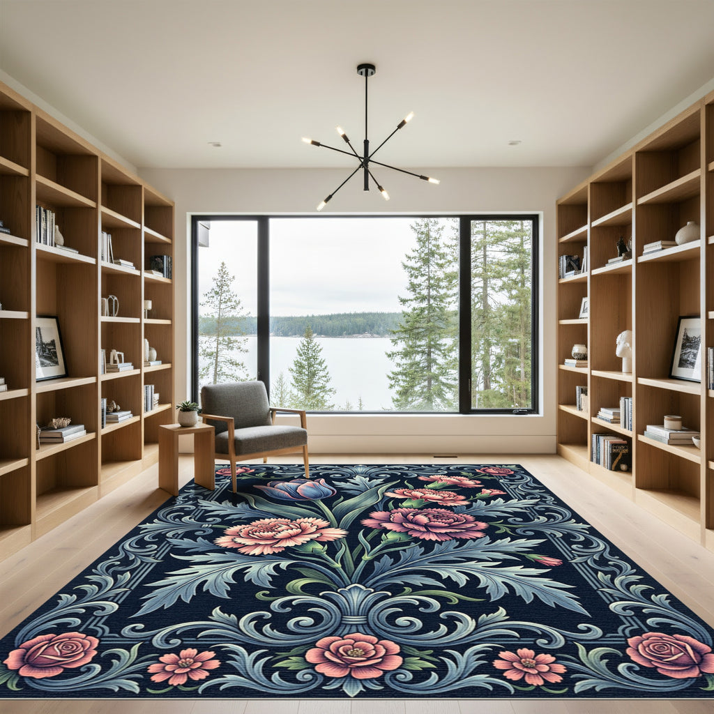 Elegant Floral Bouquet Ornate Dark Rug
