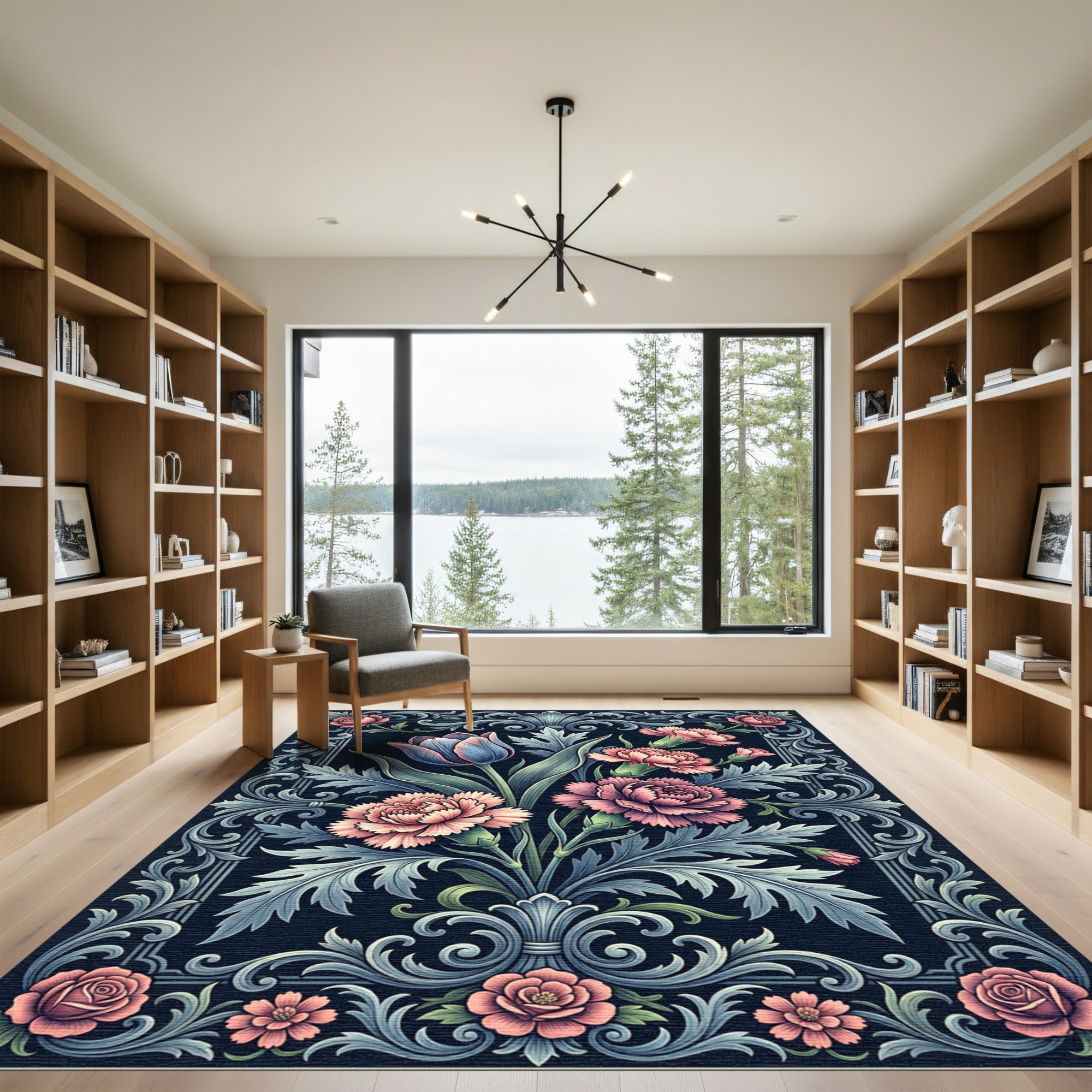 Elegant Floral Bouquet Ornate Dark Rug