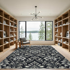 Elegant Black Floral Scroll Work Rug
