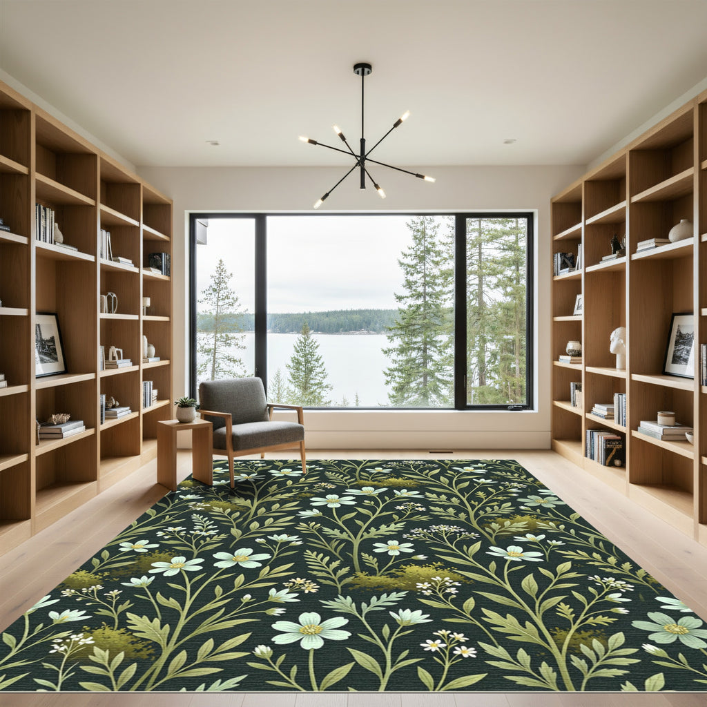 Dark Floral Garden Greenery White Flowers Rug