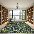 Dark Floral Garden Greenery White Flowers Rug