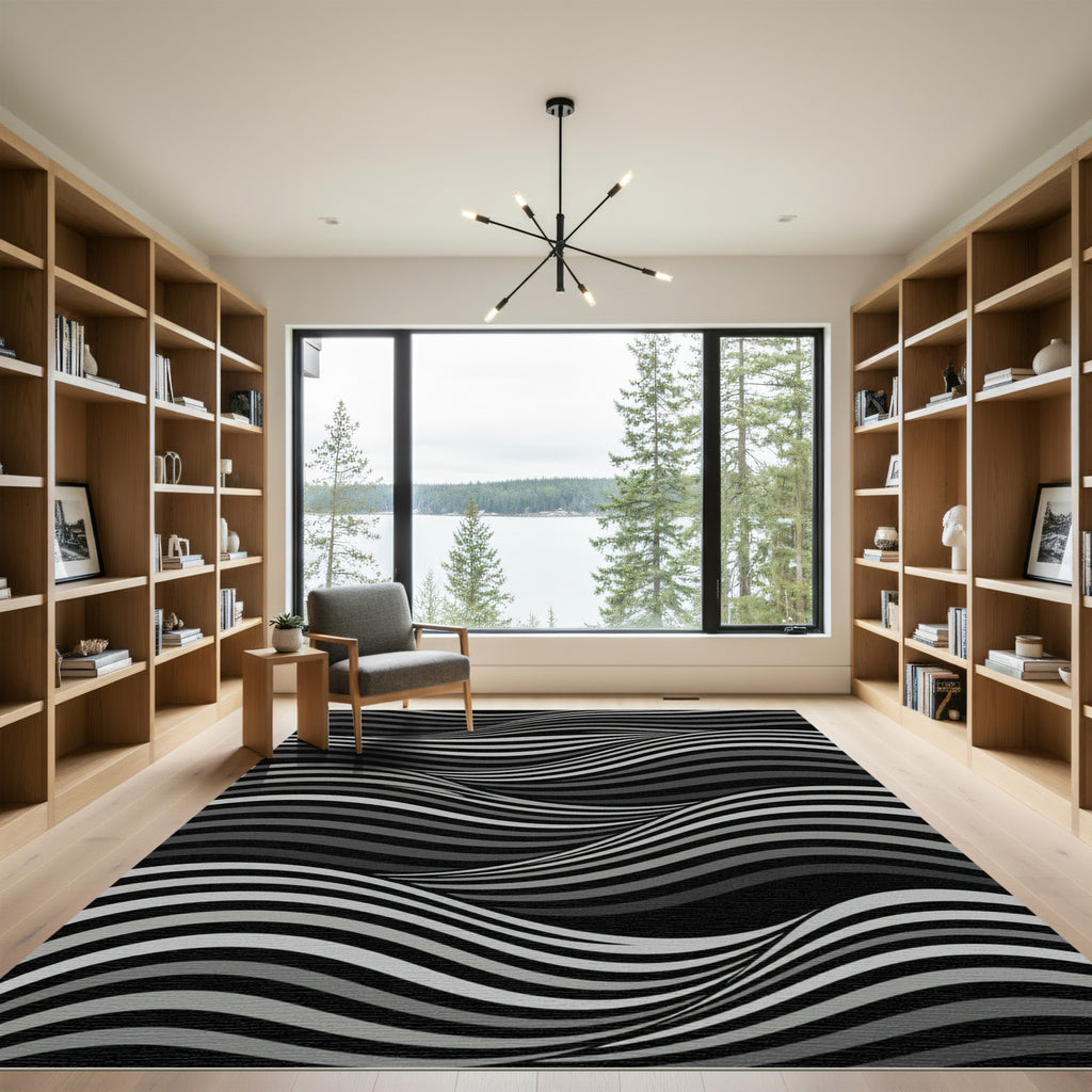 Monochromatic Black Gray Wave Rug
