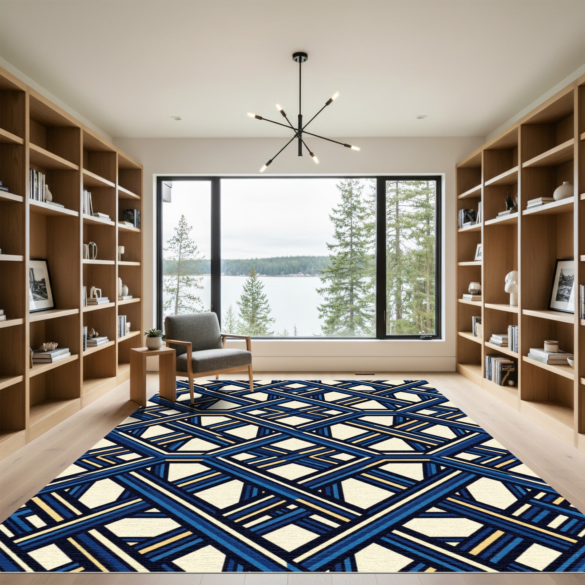 Geometric Navy and Gold Lattice Rug
