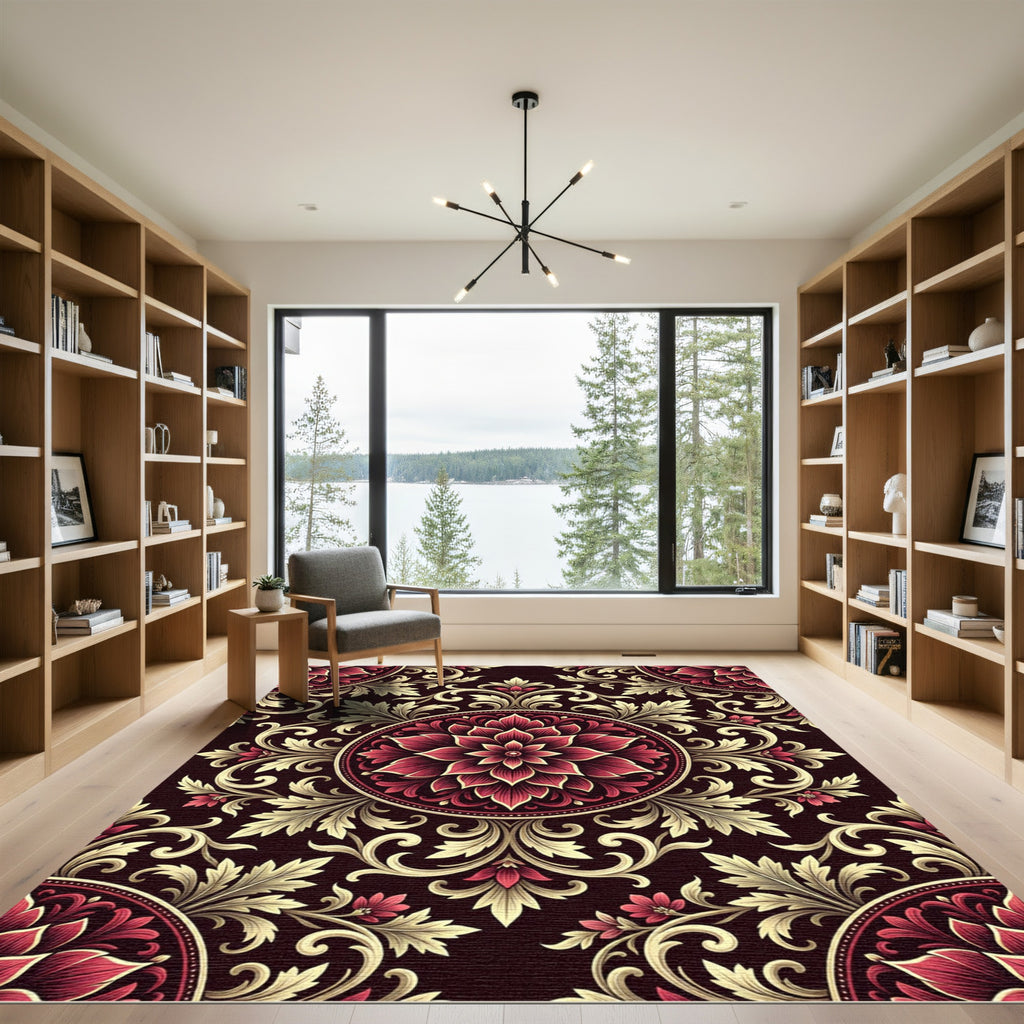 Crimson Gold Floral Medallion Scroll Rug