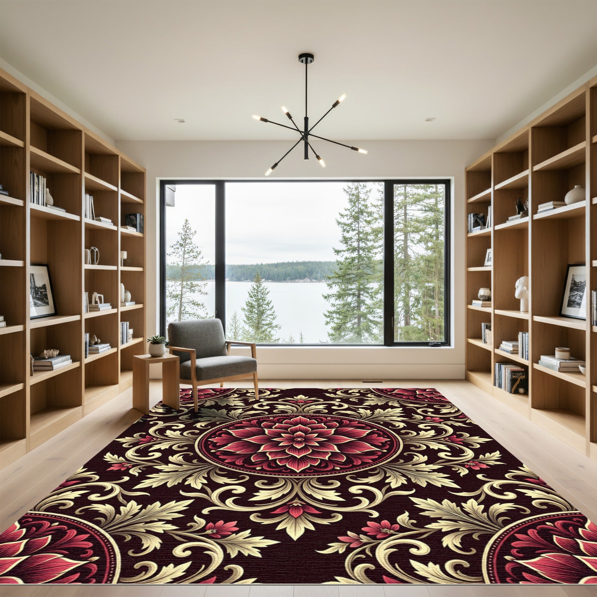 Crimson Gold Floral Medallion Scroll Rug