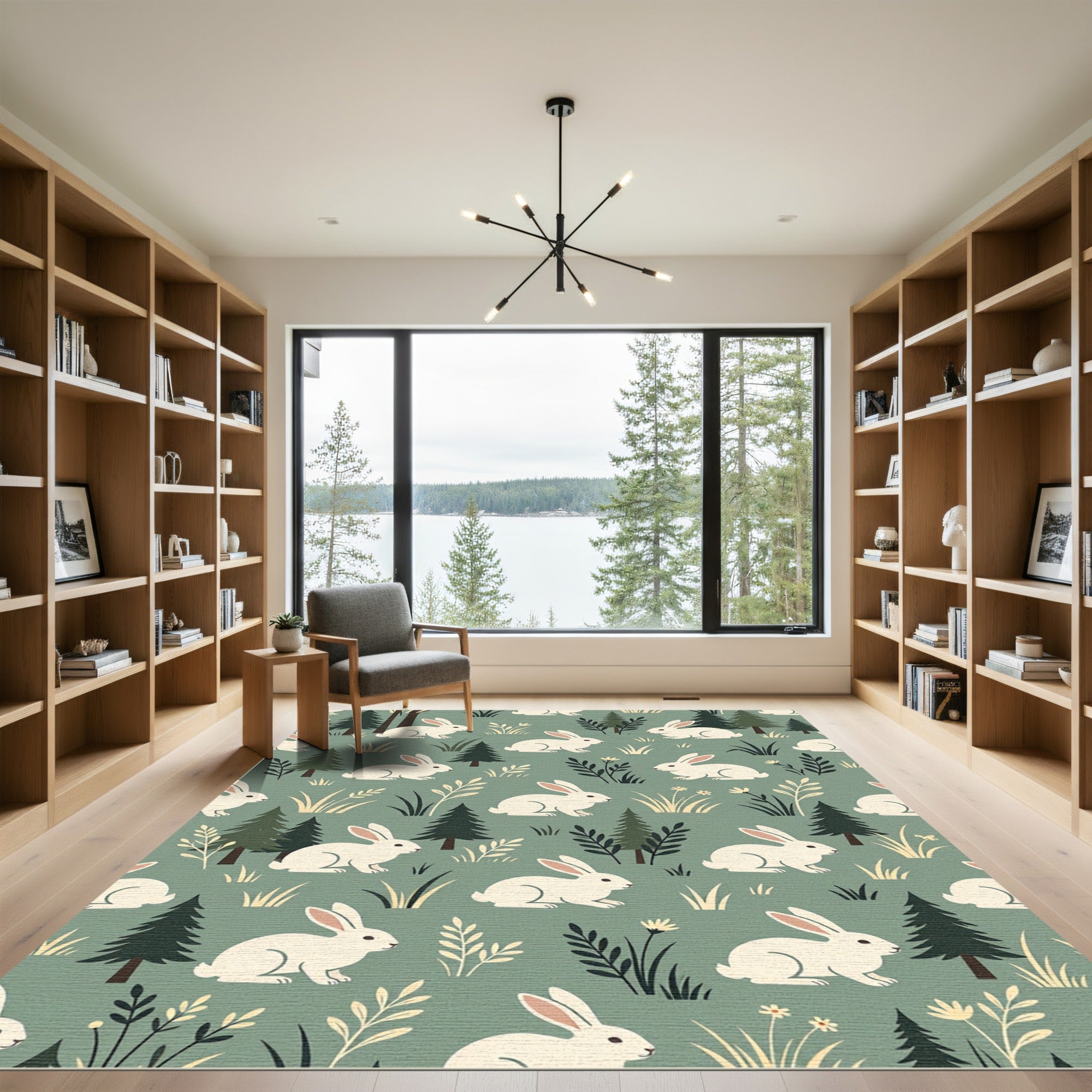 Whimsical Sage Green Woodland Bunny Forest Rug