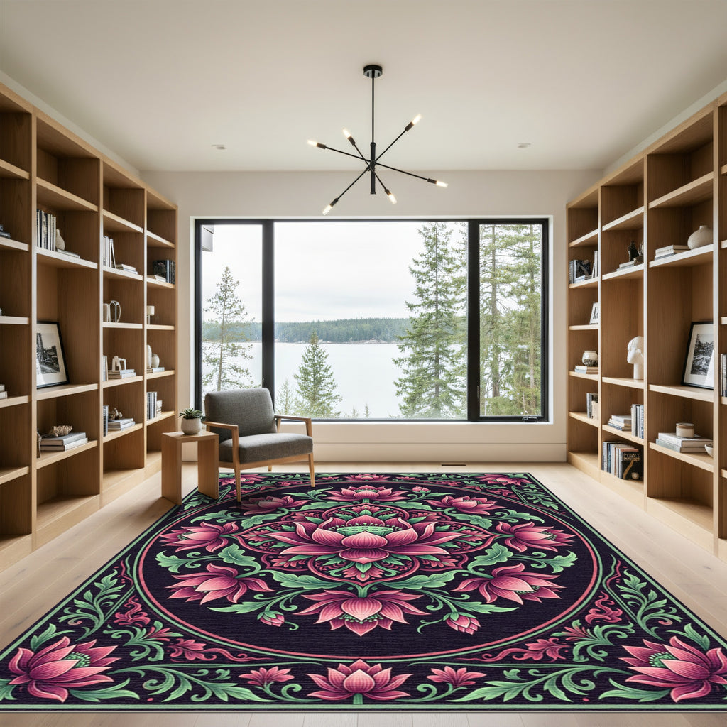Elegant Pink Lotus Floral Medallion Rug
