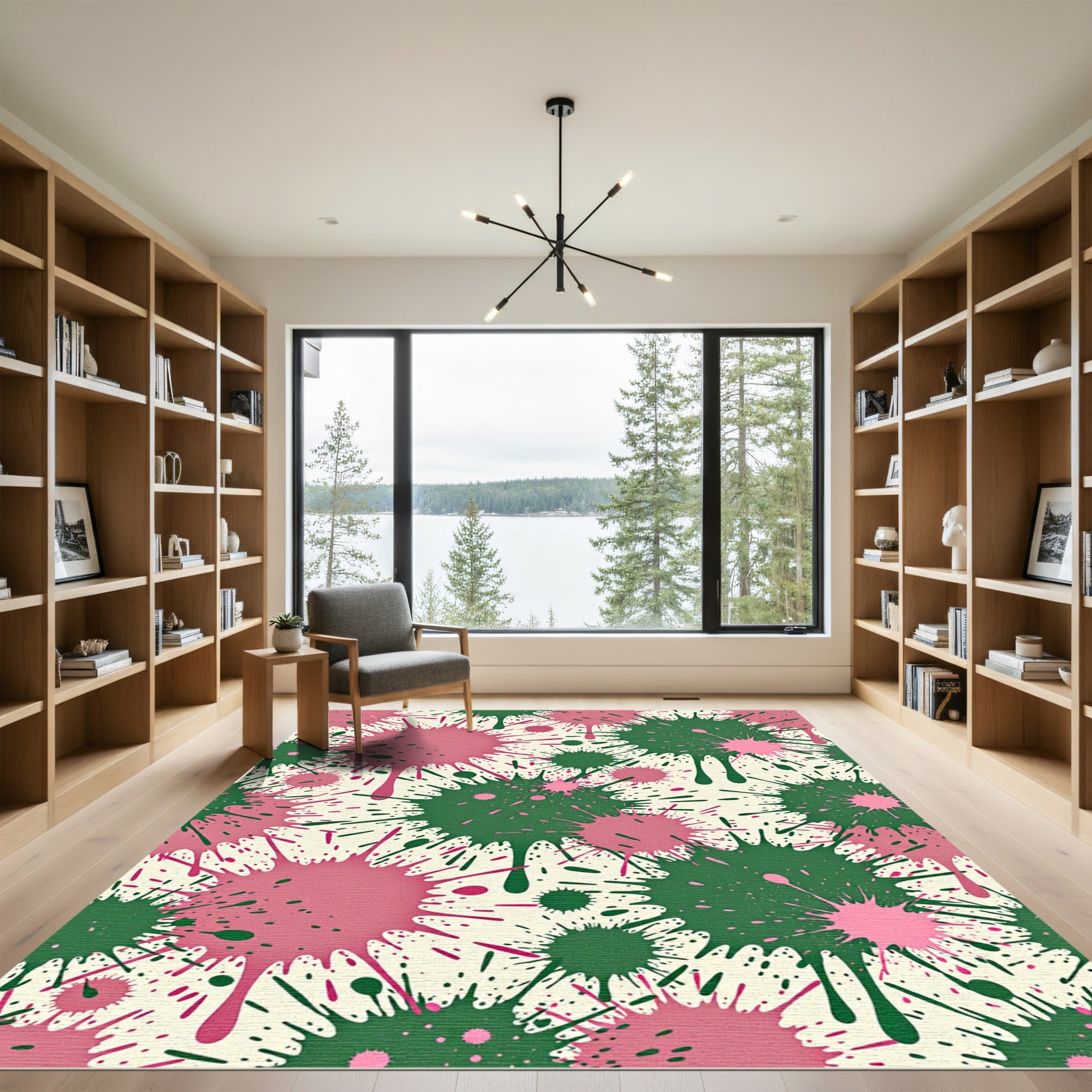 Pink and Forest Green Abstract Ink Splatter Rug