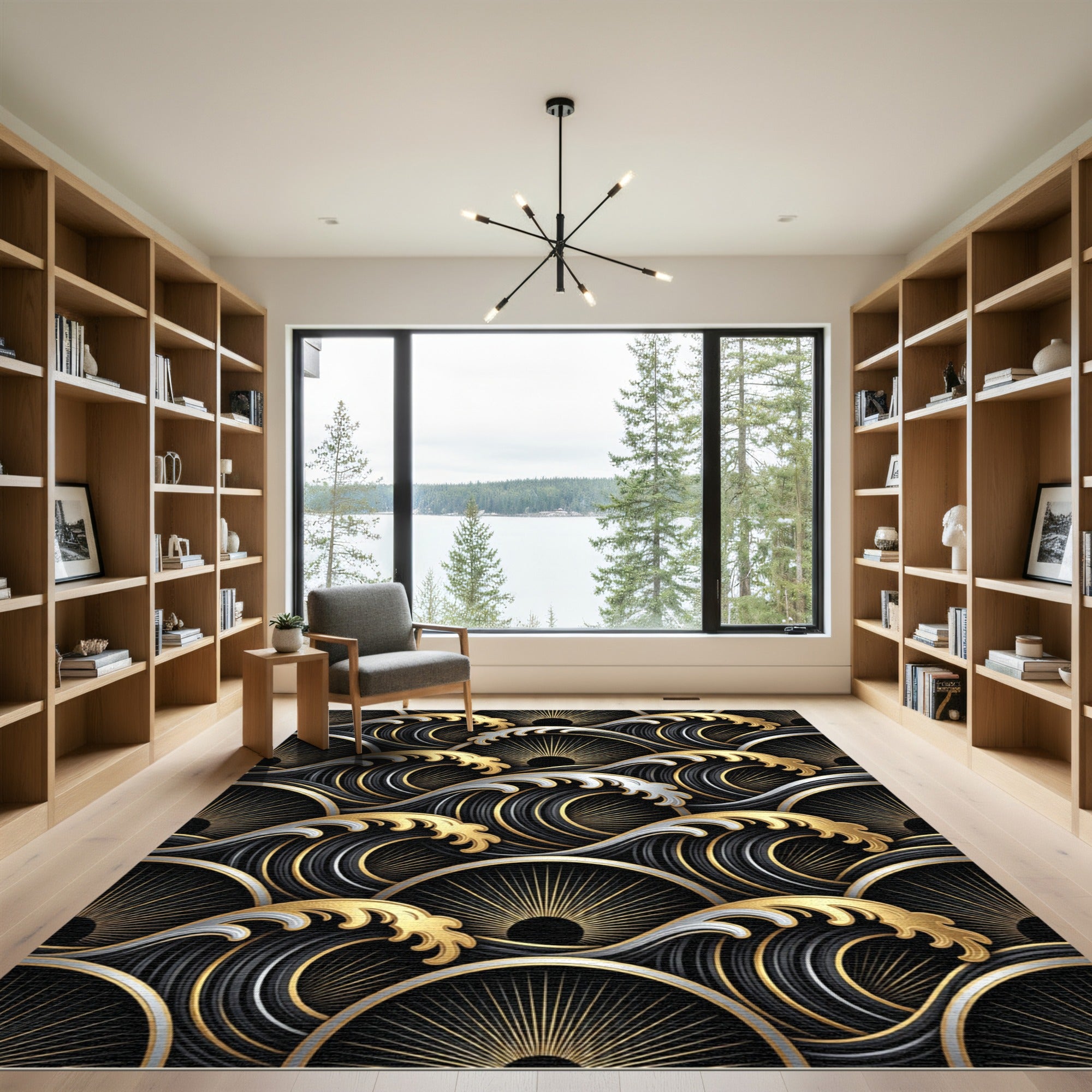 Black Gold Wave Sunburst Rug