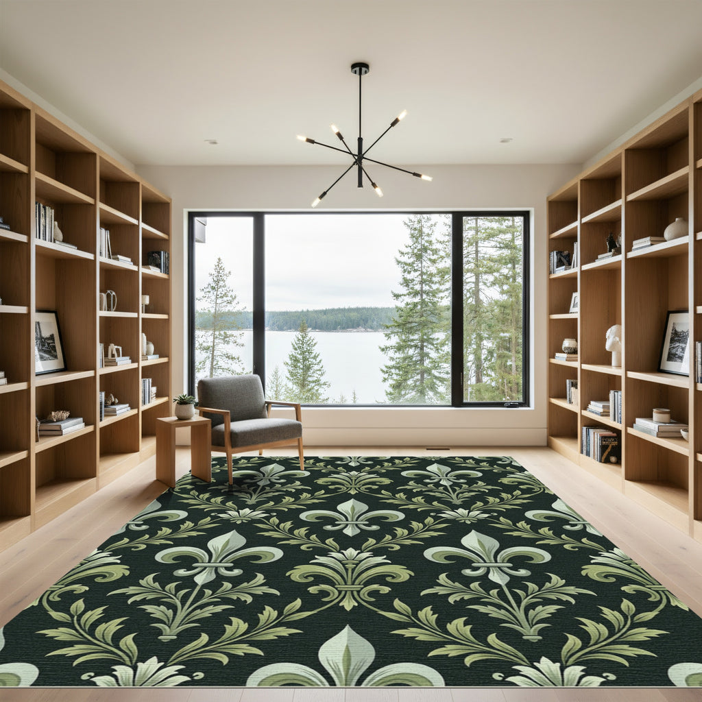 Ornate Black Green Fleur De Lis Rug