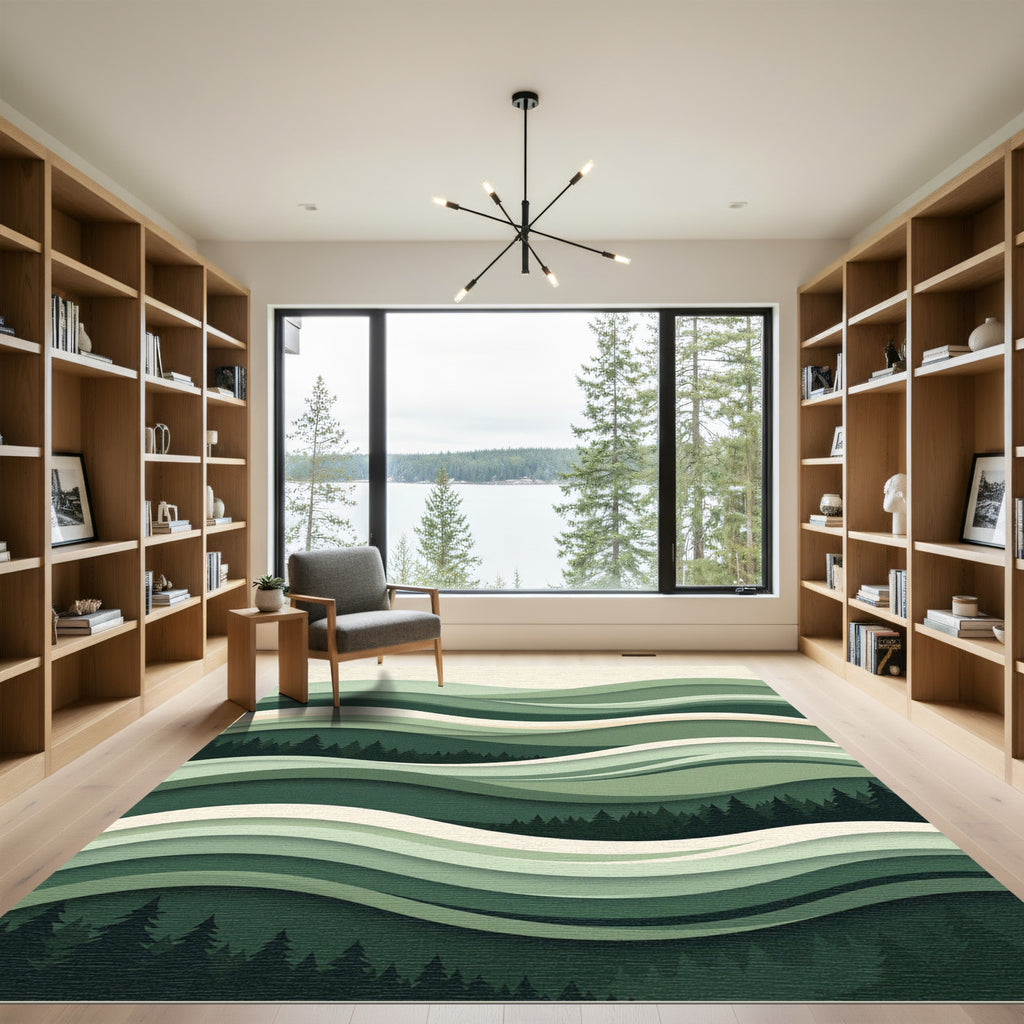 Layered Green Forest Landscape Waves Rug